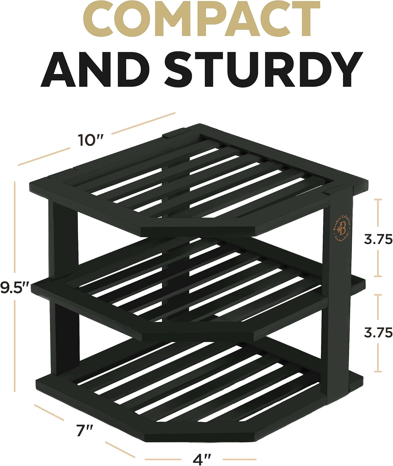 Cabinet Organizer Shelf - Bamboo Corner Rack for Kitchen Counter, Cabinet Space Saver for Plates, Dishes, Bowls, Bread Pantry, Bathroom Storage or Countertop Stand, Black