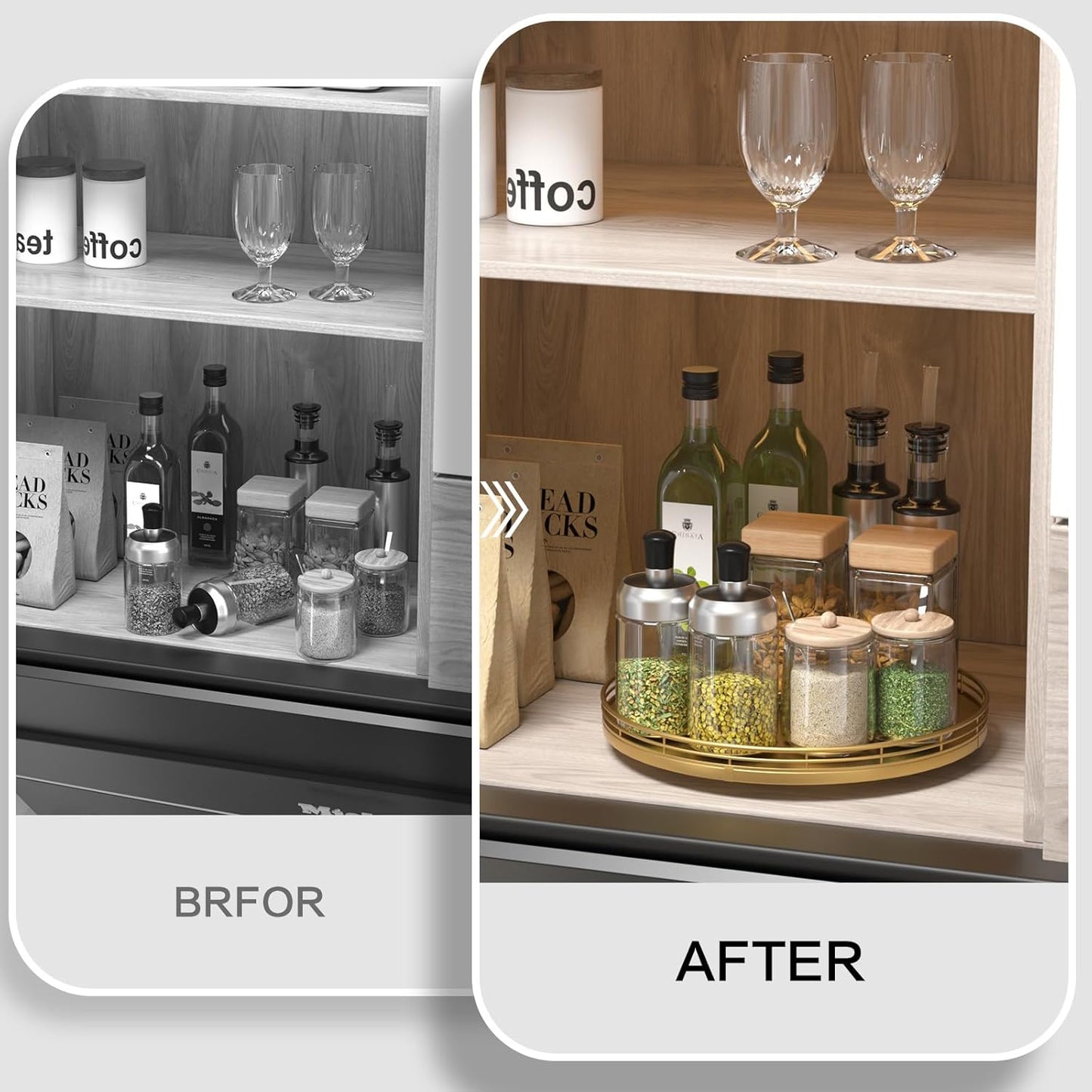 12" Gold Lazy Susan for Table Top, Oak Wood Lazy Susan Turntable Organizer for Dining Coffee Table Centerpiece Bar Decor Kitchen Countertop Bathroom Vanity Decorative Tray for Perfume Jewelry Round