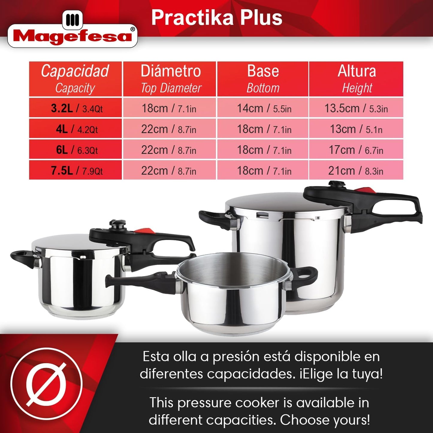 Magefesa Practika Plus Pressure Cooker, 4.2 & 6.3 Quart, 18/10 Stainless Steel, Induction-Compatible, Superior Heat Distribution, Encapsulated Diffuser Bottom, 5 Safety Systems