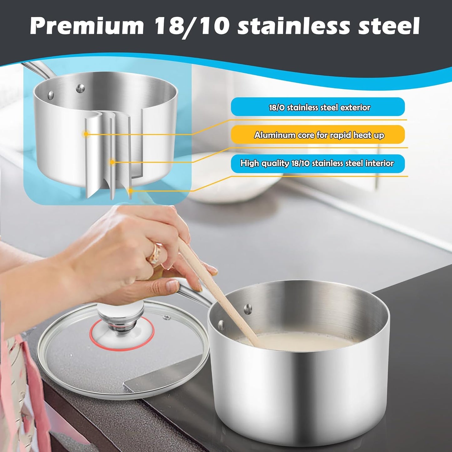 E-far 2-Quart Saucepan, Tri-Ply Stainless Steel Sauce Pan with Glass Lid, Small Cooking Induction Pot Compatible with All Cooktops, Non Toxic, Oven & Dishwasher Safe