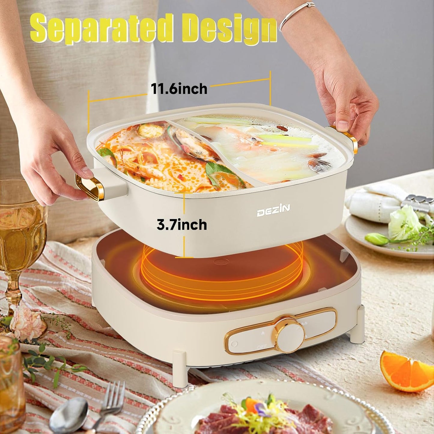 Dezin Hot Electric Shabu Shabu Pot, 5.5L Double-Flavor, Removable Non-Stick Dual Sided Cooker, 3" Depth Divided Pot with Multi-Power Control, 2 Silicone Ladles