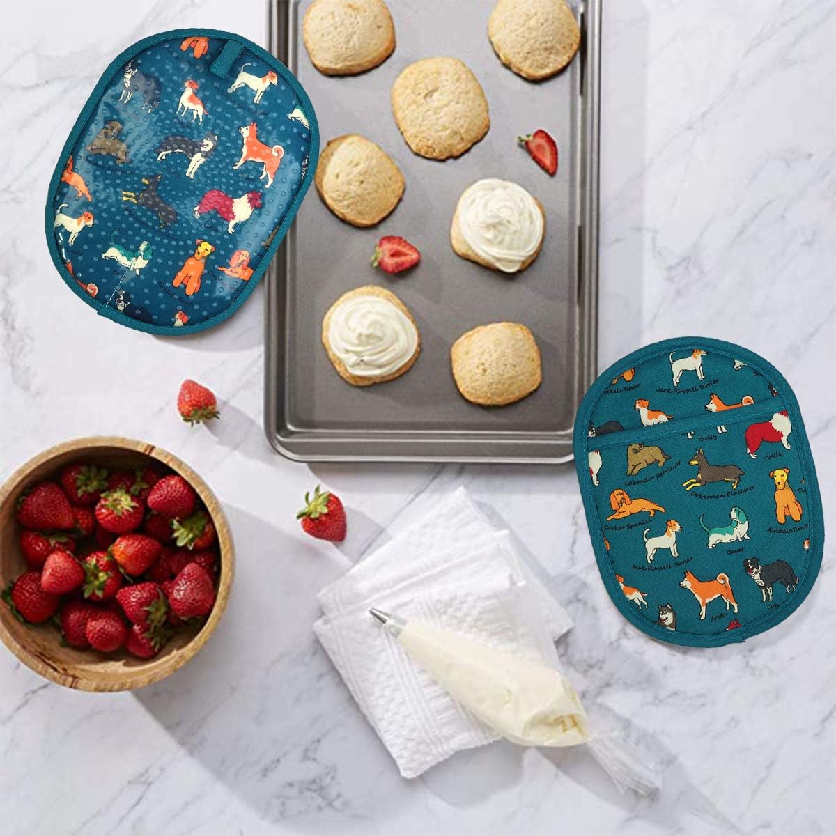 Pot Holders Set of 2 with Transparent Clear Silicone Shell and Nice Dog Flower Cotton Lining, Heat Resistant to 500 F Kitchen Oven Gloves Pot Holder for Cooking (Blue Dog, Potholders)