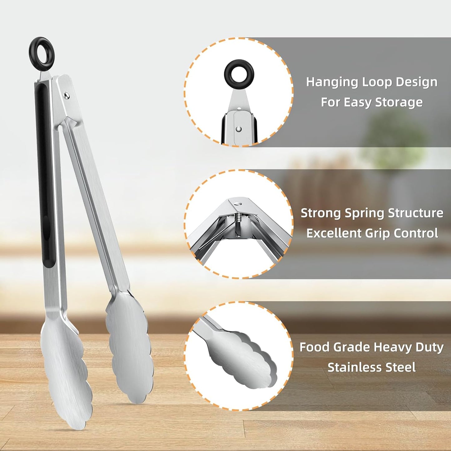 NileHome Tongs for Cooking, Professional Stainless Steel Cooking Tongs – Heat-Resistant for Grilling, BBQ, Serving Salad, Pasta, and Kitchen Use, Dishwasher Safe, Set of 7" 9" 12", Silver