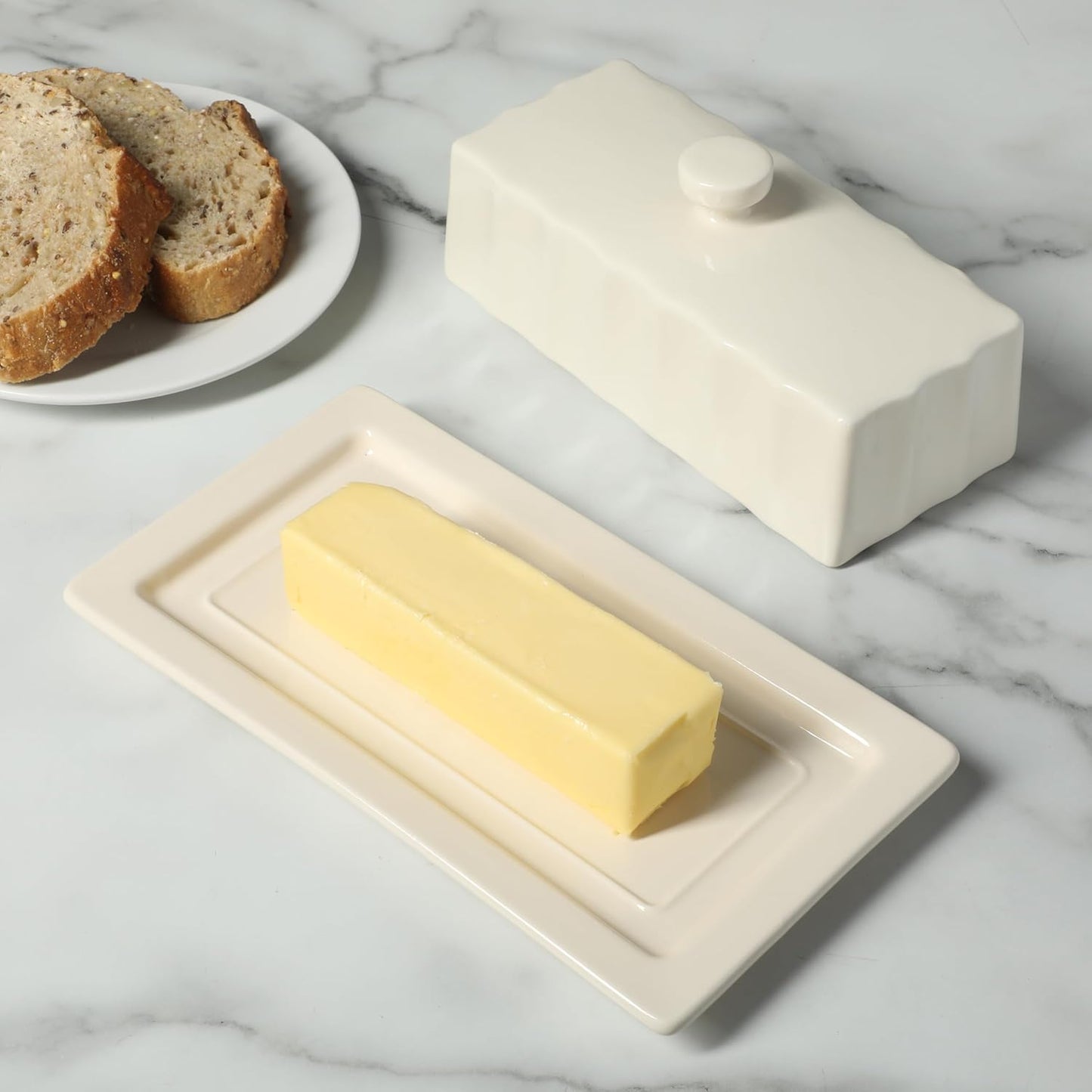 Martha Stewart Broadbrook Stoneware Butter Dish with Lid, Rectangular Covered Butter Keeper, 8.1 x 4.4 x 3 Inches, Classic Cream Glaze, Dishwasher Safe Ceramic Storage for Counter or Table