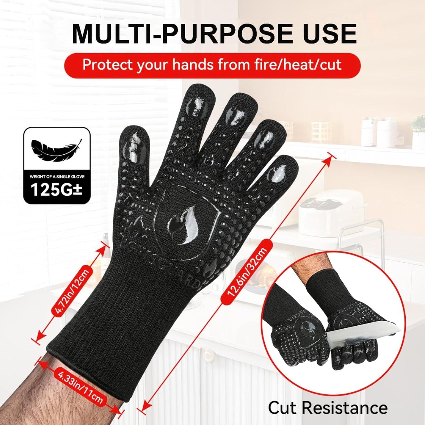 BBQ & Grill Gloves, Oven Gloves, 1472°F Silicone Oven Mitts Heat Resistant Grilling Gloves Fireproof Non-Slip for Barbecue Cooking Baking Smoking, 1-Pair Black（M）