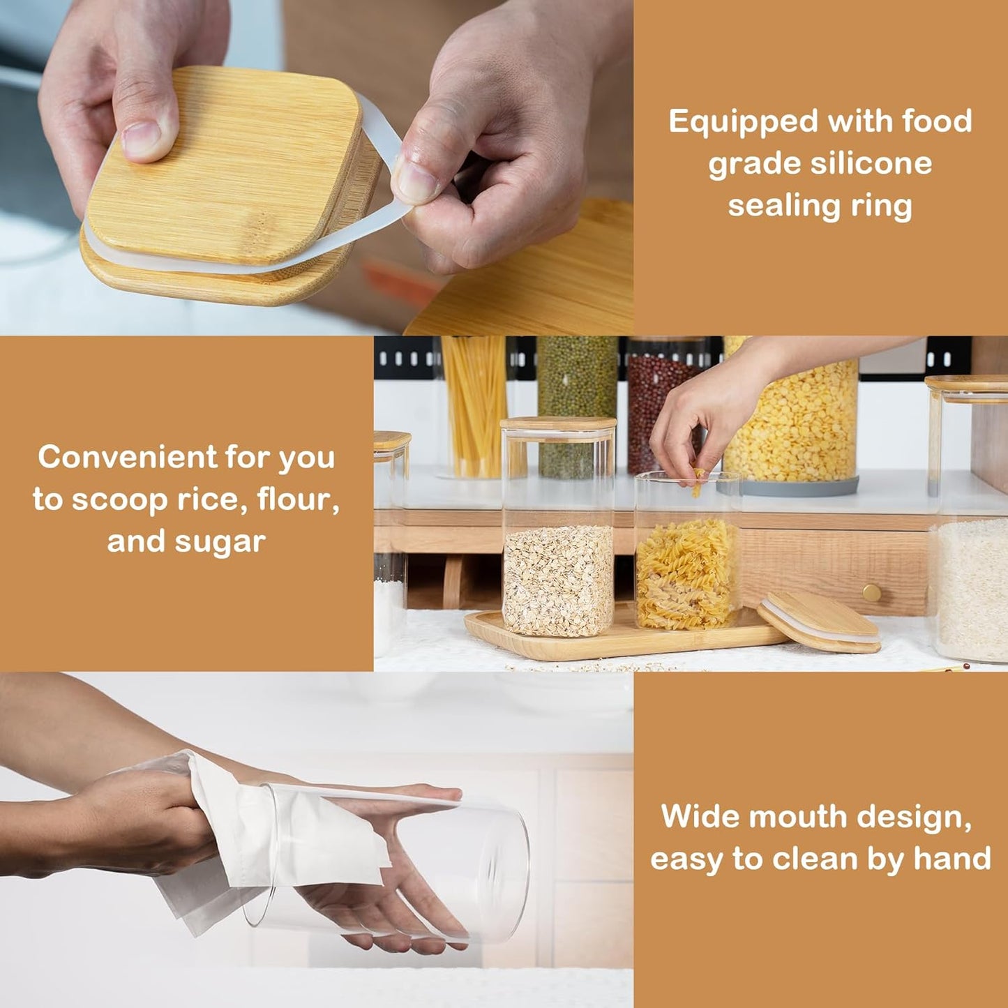 108oz 42oz Straight cylindrical Airtight Storage Jars with Bamboo Lid Set of 2 Large Storage Container Gallon Glass Jars, for Flour, Pasta and Coffee bean (with Black Lable)