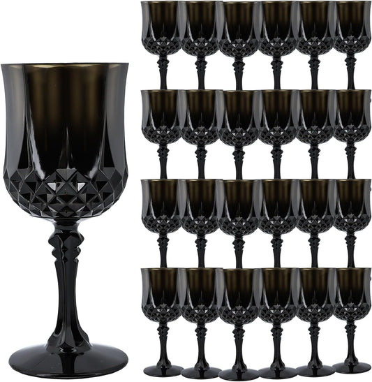 Plastic Wine Glasses，Plastic Goblets Vintage Style Cordial Drinking Glasses for Wedding Reception, Grand Event Party Supplies (24, Black)