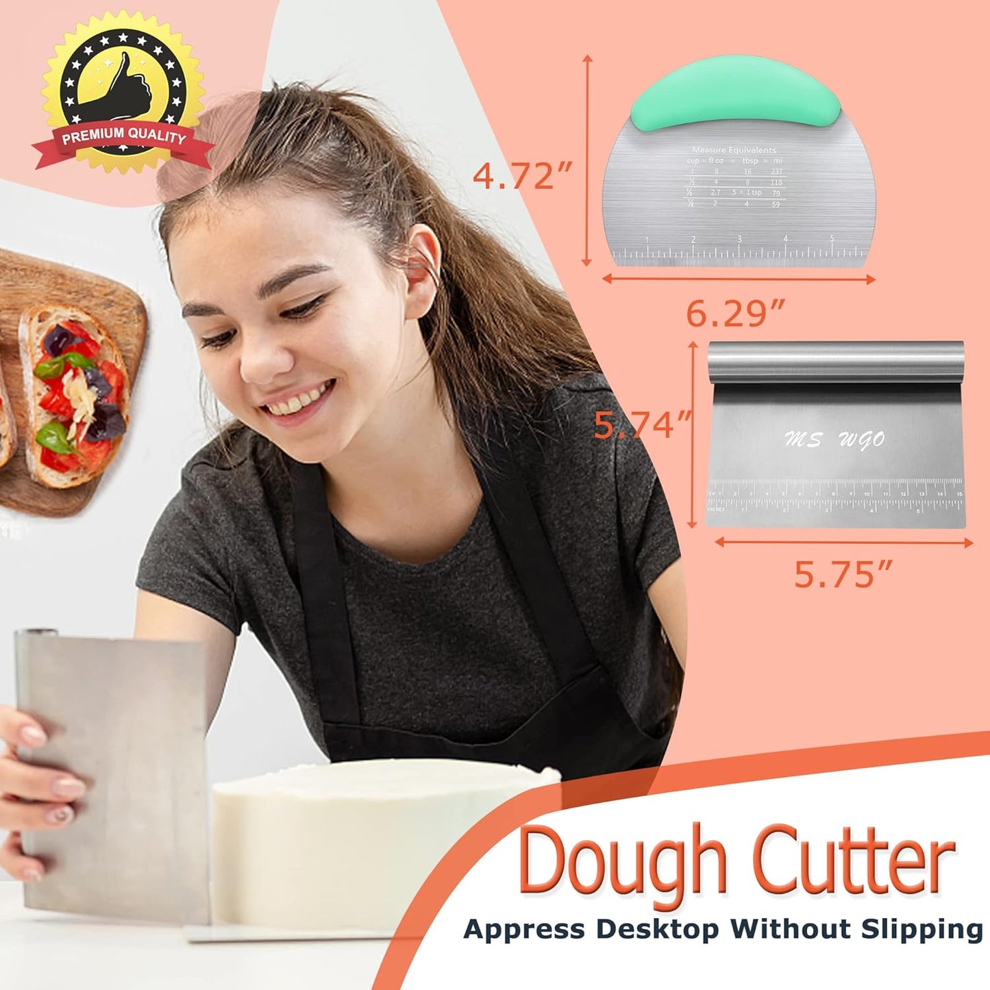 Dough Scraper Cutter Pastry Pizza Cutter Stainless Steel Tool with Scale Ruler, Kitchen Tool for Baking Cookie Dough Vegetable Bread