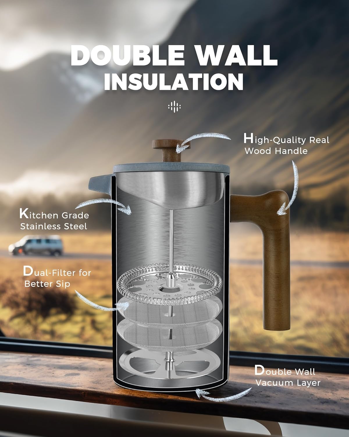 POLIVIAR French Press Coffee Maker, 34 Ounce Coffee Press with Real Wood Handle, Double Wall Insulation & Dual-Filter Screen, Food Grade Stainless Steel for Good Coffee and Tea JX2023-FPLU