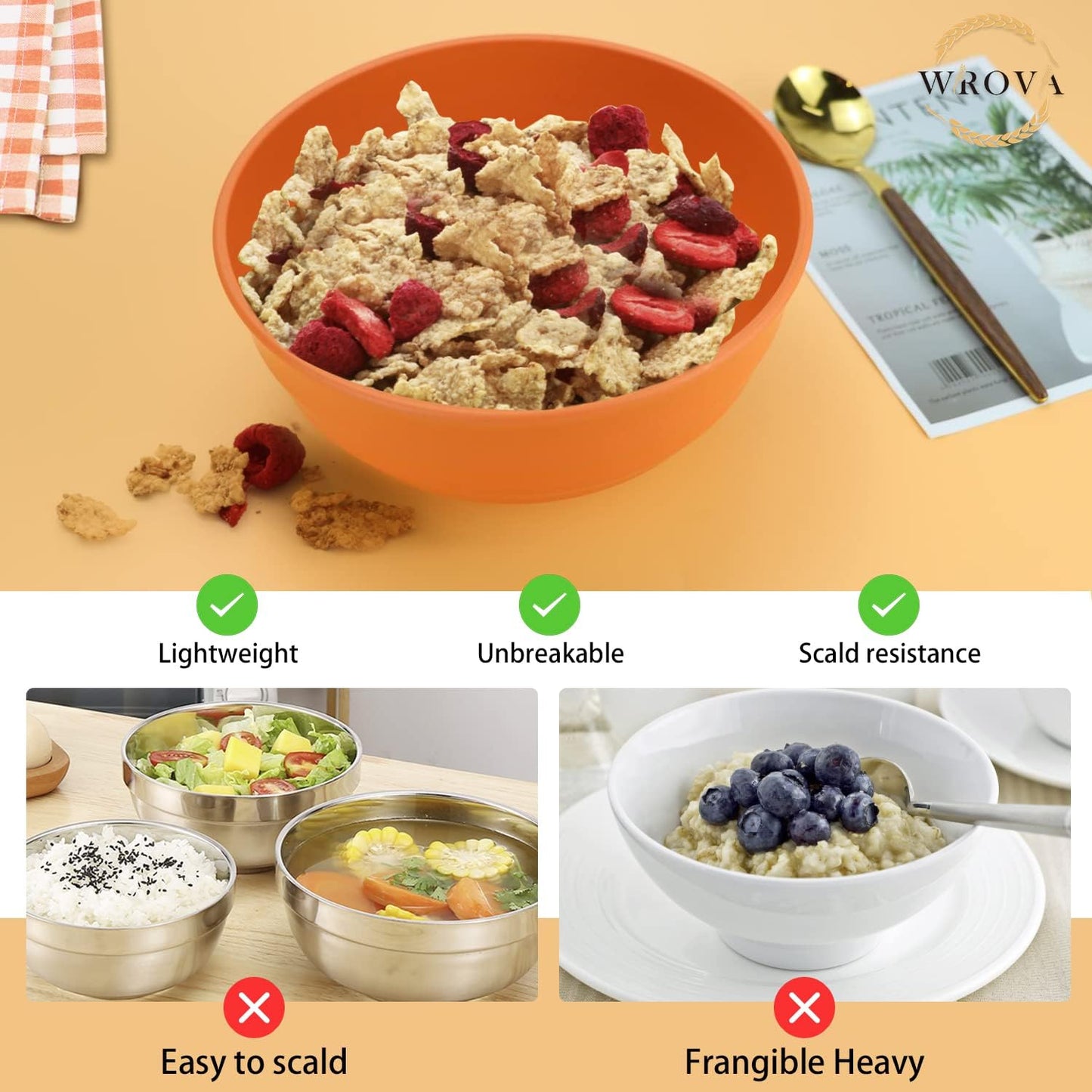 Wheat Straw Bowls Set 60 OZ Unbreakable Large Cereal Bowls Set of 6 Microwave and Dishwasher Safe Bowls Big Bowls for Eating BPA Free Soup Bowl for Serving Oatmeal and Salad Orange