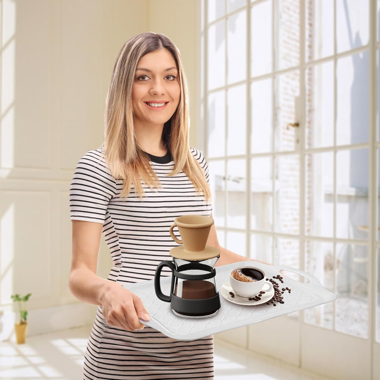 LEHAHA 17.25" x 12" Serving Trays Set of 2 White, Dinner Tray, Light Weight Easy to Clean Sturdy Stackable Melamine Serving Platter with Handle, Fruit, Snacks, and Desserts Trays.Mats Included