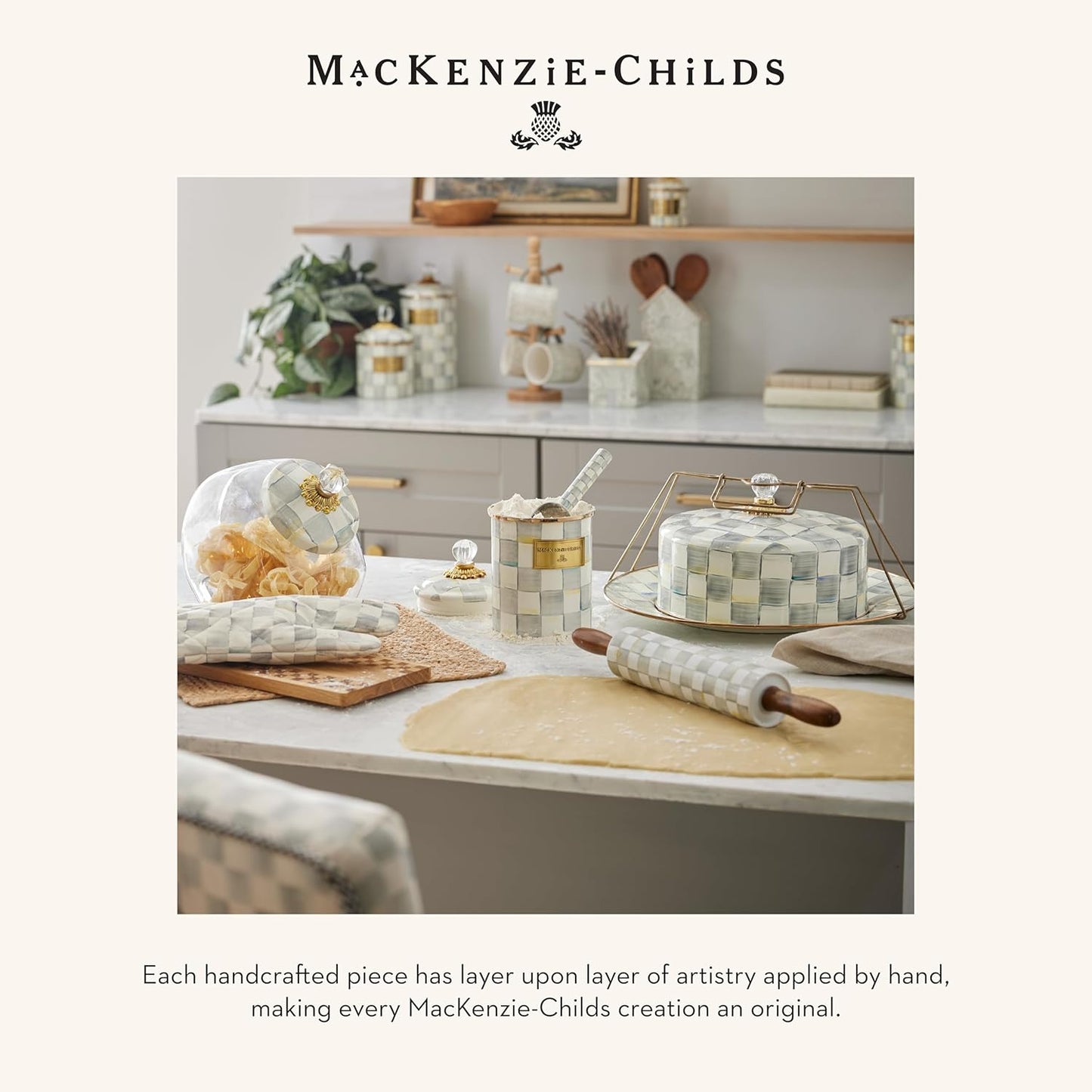 MACKENZIE-CHILDS Enamel Round Tray, Unique Serving Platter for Food and Drinks, Gray-and-White Sterling Check