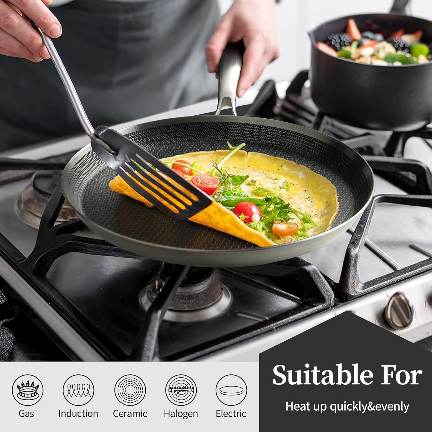 Stainless Steel Crepe Pan - 12 Inch Nonstick Crepe Pan, Stainless Steel Honeycomb Coating Pancake Pan, Non Stick Flat Skillet Tawa Dosa Tortilla Griddle Pan, Induction Compatible, PFOA Free