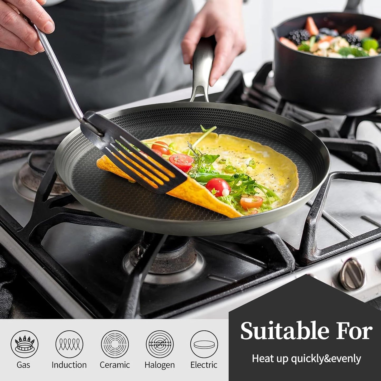 Stainless Steel Crepe Pan - 11inch Nonstick Crepe Pan, Stainless Steel Honeycomb Coating Pancake Pan, Non Stick Flat Skillet Tawa Dosa Tortilla Griddle Pan, Induction Compatible, PFOA Free