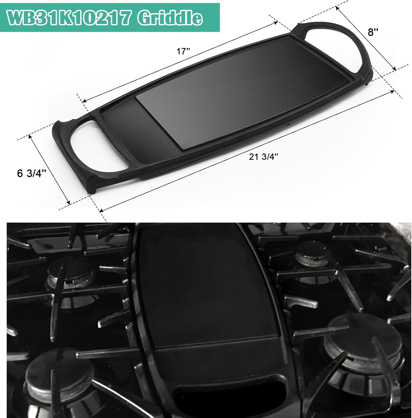 Hiorucet WB31K10217 Cast Iron Griddle Cooktop, Non-stick Griddle Plate Replacement Parts for GE Gas Stove Griddle Range Griddle Cooktop, Heavy Duty Flat Top Pan for General Electric GE Center Parts.