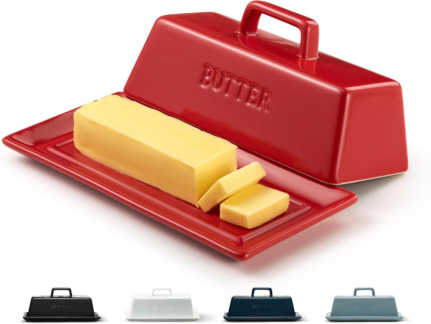 Butter Dish with Lid for Countertop, by Kook, Ceramic Dish Tray with Cover, Kitchen Keeper, Container, Holder, Holds 1 Stick, Microwave and Dishwasher Safe, Red