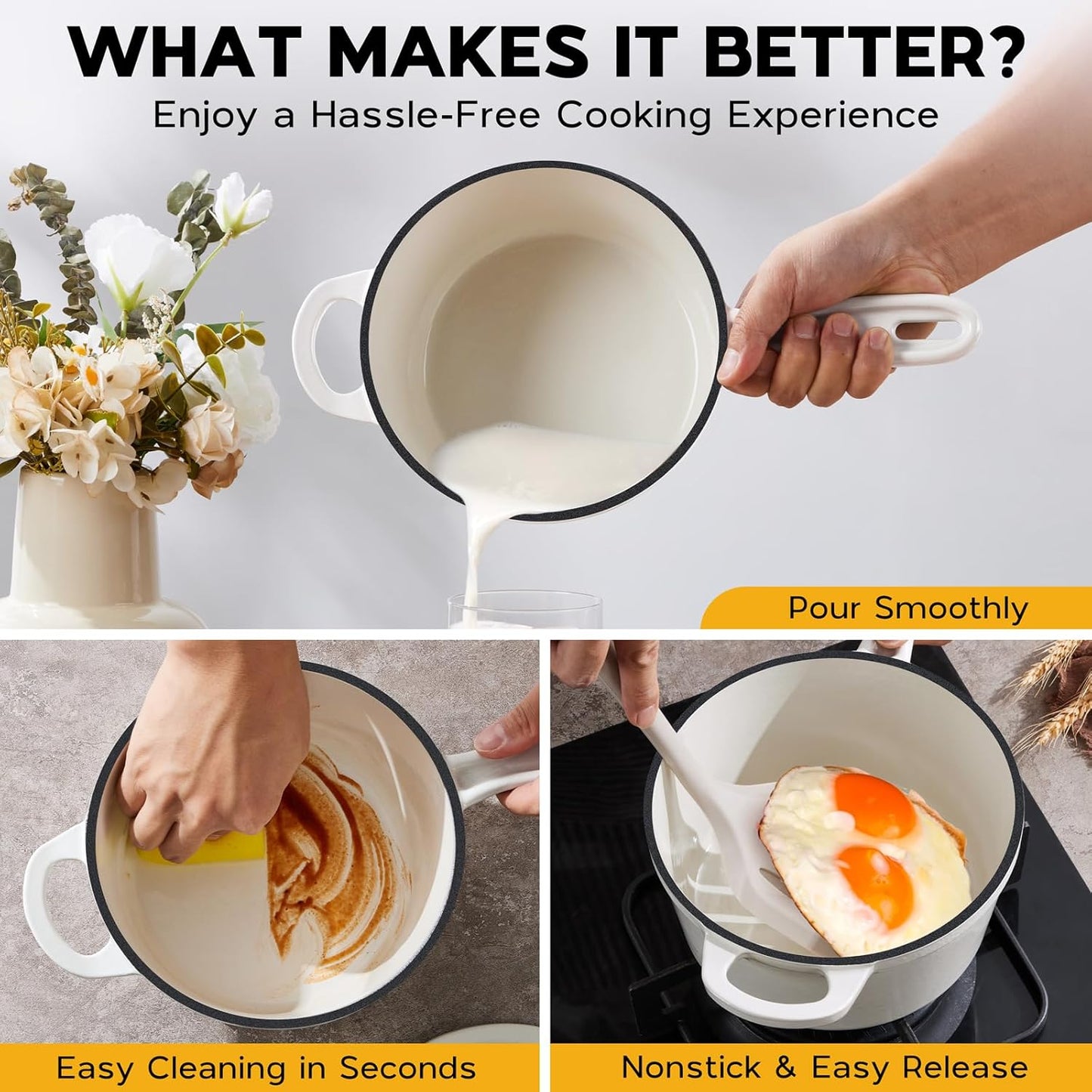 2 Quart Saucepan Dutch Oven, Onader Enameled Cast Iron Sauce Pan Pot with Lid, Small Cooking Kitchen Pot, Nonstick & Oven Safe – White