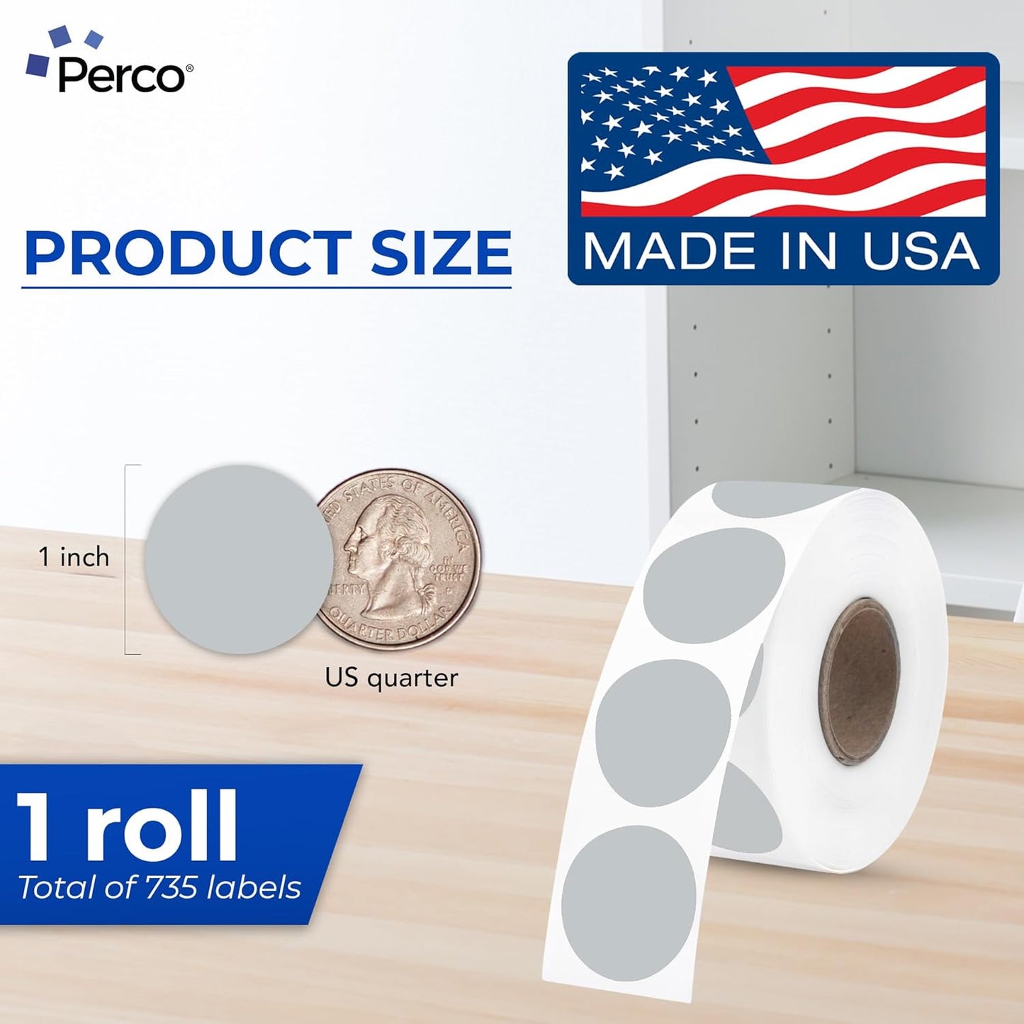 Perco Grey 1-Inch Perforated Circle Dot Thermal Sticker Labels — 735 Stickers/Roll, Direct Thermal Printer Compatible—with Permanent Adhesive for Color Coding, Garage Sales, Crafts—Made in USA