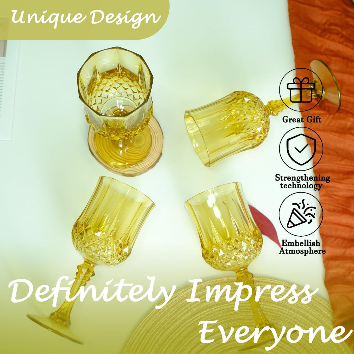 Plastic Wine Glasses，Plastic Goblets Vintage Style Cordial Drinking Glasses for Wedding Reception, Grand Event Party Supplies (48, Gold)