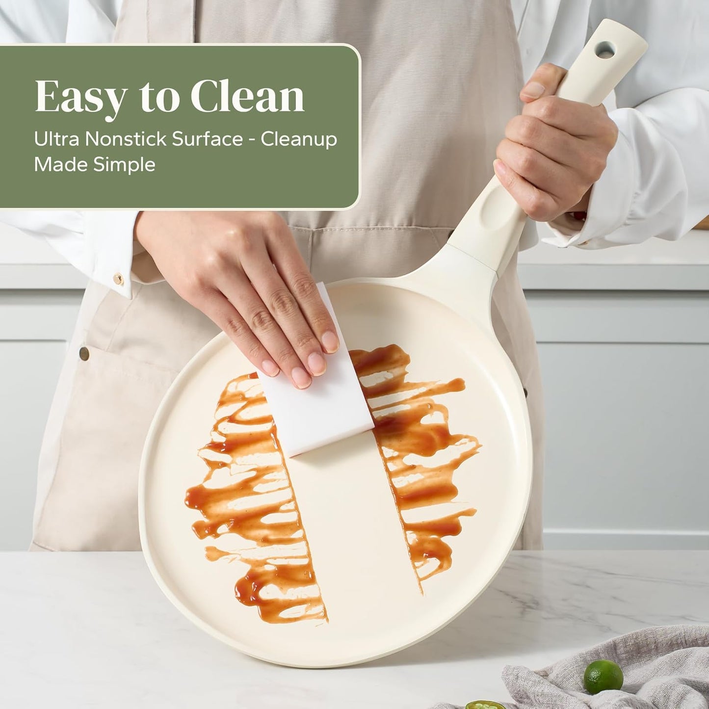 Redchef Crepe Pan Nonstick, 10 Inch Ceramic Flat Skillet Pan for Roti Dosa Tawa Comal Para Tortillas Pancake Pan for Stove Top, Induction Compatible, PFAS/PFOA/PTFE Free(Beige White)