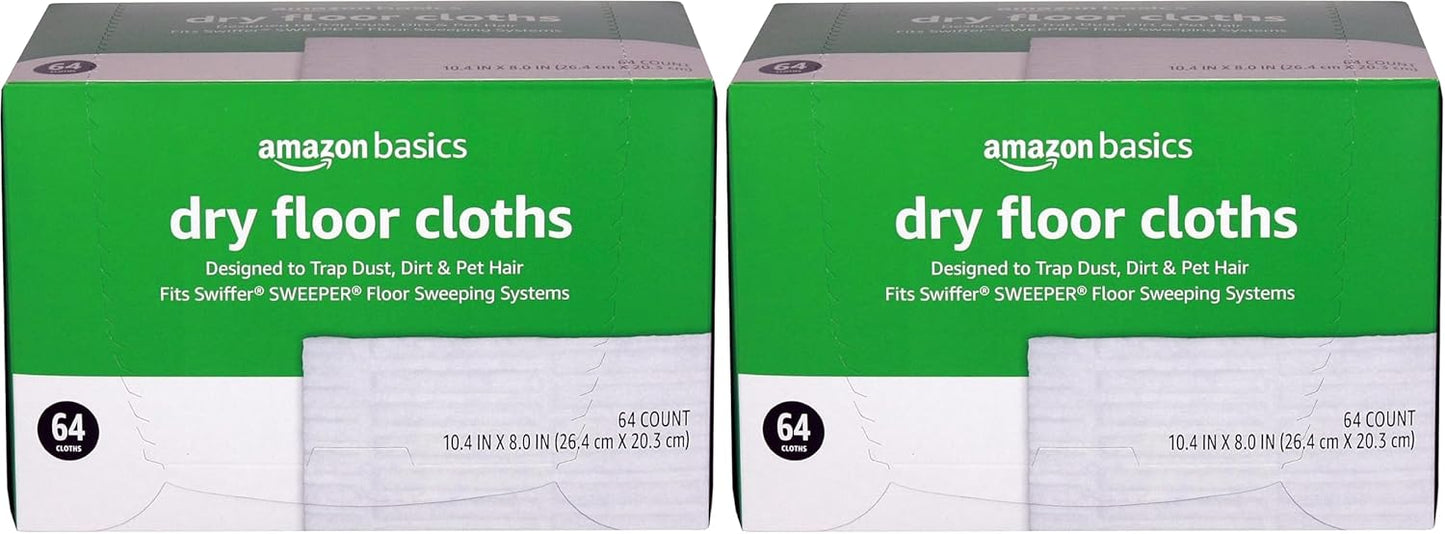 Amazon Basics Dry Floor Cloths to Clean Dust, Dirt, Pet Hair, 64 Count, Pack of 2
