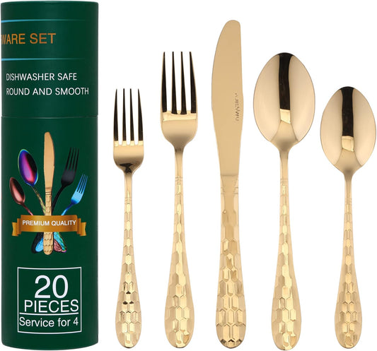 20 Piece Silverware Set for 4, Hammered Silverware Set 18/10 Stainless Steel Tableware Cutlery Flatware Spoons and Forks Set for Home Kitchen Restaurant, Unique Utensils Set Dishwasher Safe (Gold)