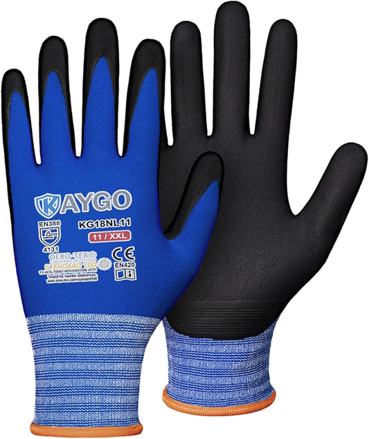 KAYGO Safety Work Gloves MicroFoam Nitrile Coated-3 Pairs, KG18NB,Seamless Knit Nylon Glove with Black Micro-Foam Nitrile Grip,Ideal for General Purpose,Automotive,Home Improvement,Blue XX-Large