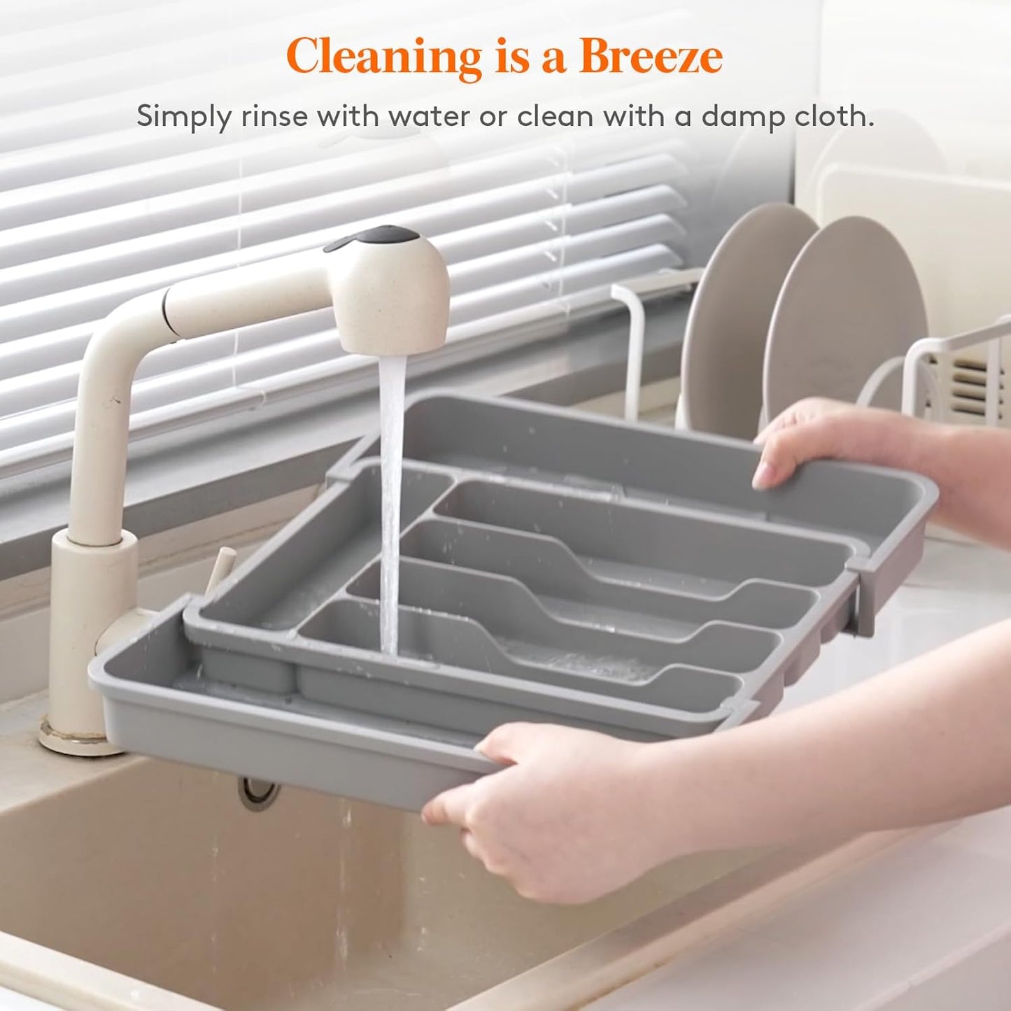 Lifewit Silverware Drawer Organizer, Expandable BPA Free Utensil Tray for Kitchen, Adjustable Flatware and Cutlery Holder for Spoons Forks Knives, Plastic Kitchen Organizers and Storage, Gray