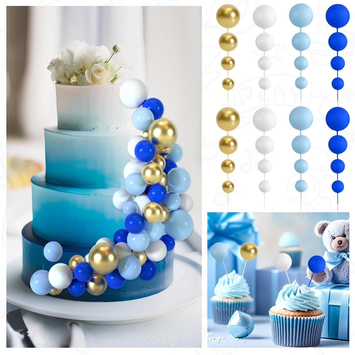 48 Pcs Balls Cake Topper Decorations Balloon Cupcake Toppers Foam Cake Topper Balls Cake Balls Decorations for Birthday Party Wedding Cake Decorating (Royal Blue, Light Blue, White, Gold)