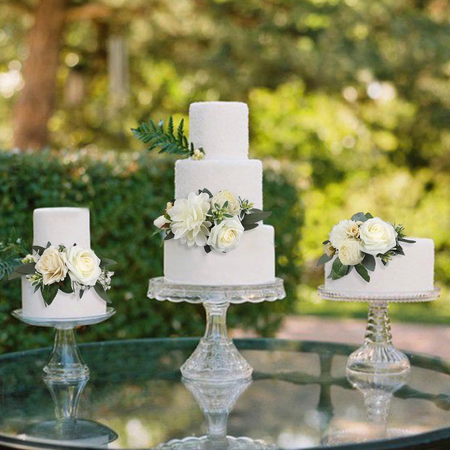 Rinlong 3Pcs Pre-made Cake Flowers Toppers White Green Cake Decorations Wedding Cake Decorating Flowers Decor Birthday Baptism Party Cake Topper