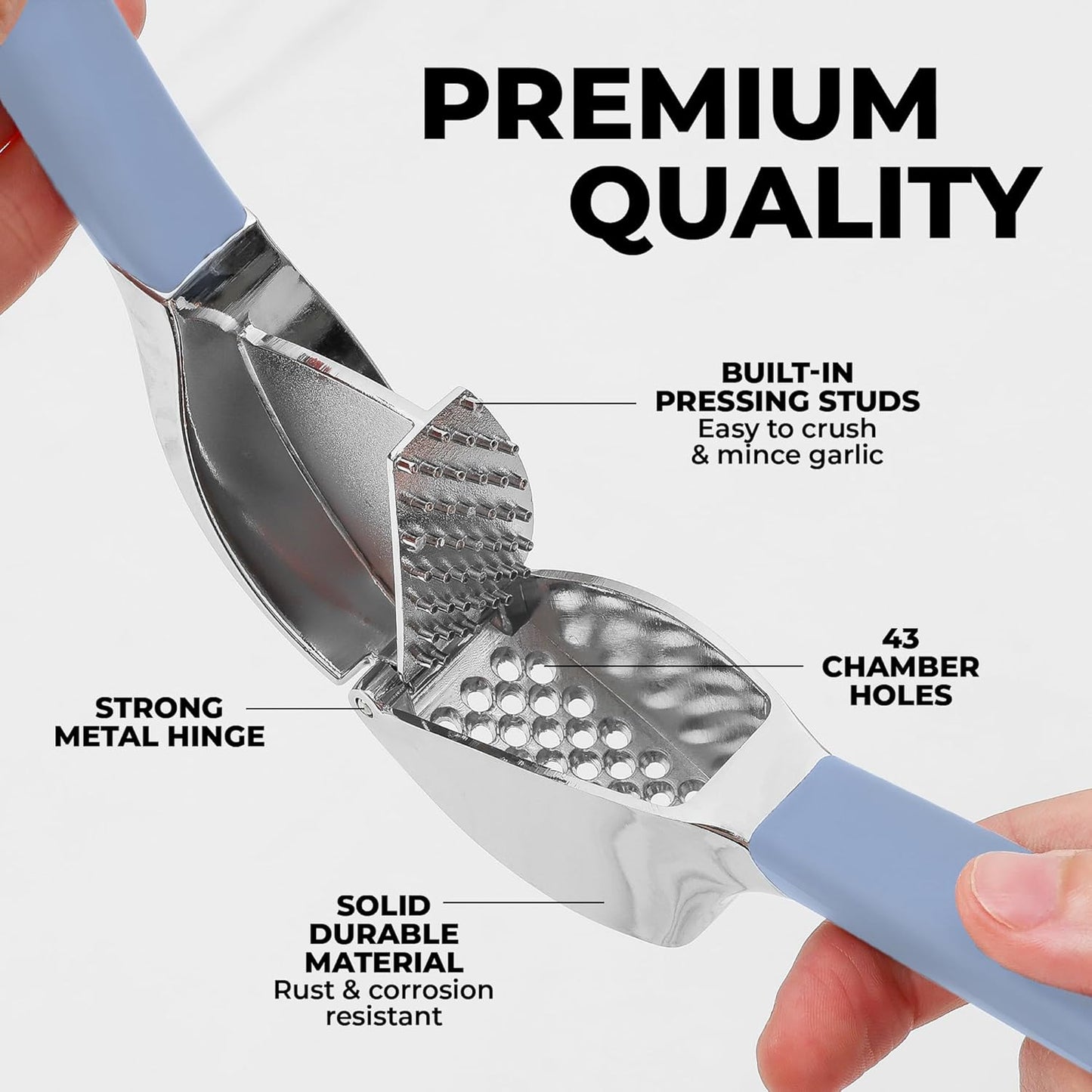 Zulay Kitchen Comfort Grip Garlic Press - Garlic Mincer Tool - Garlic Crusher - Garlic Press Mincer Rust Proof, with Soft Ergonomic Handle, Easy Clean Set with Peeler and Brush - Baby Blue