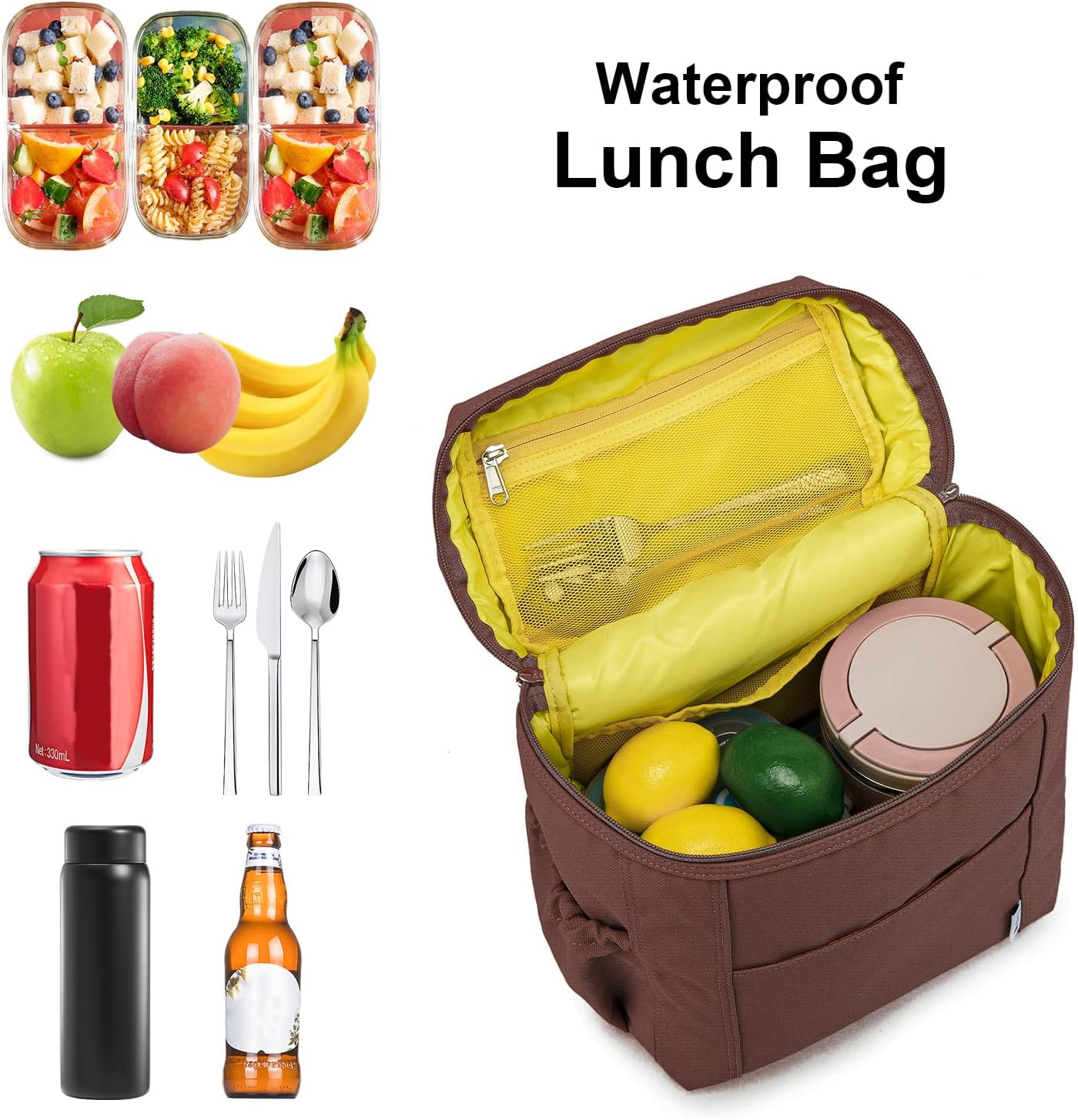 NOL Natural Organic Lifestyle Insulated Lunch Bags for Women Cooler Bag Lightweight Nylon Waterproof Lunch Box For Work (Coffee, Large)