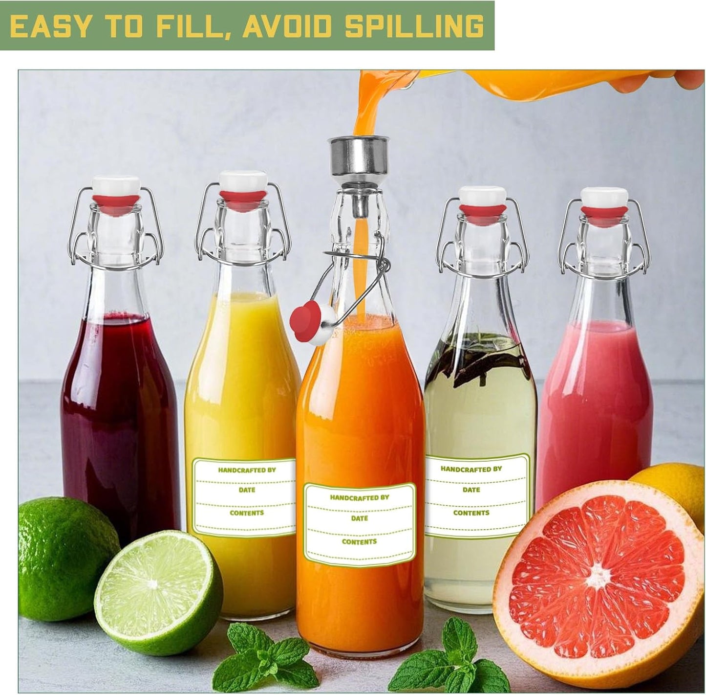 6 Pack [1 Liter / 33 fl. oz.] Swing Top Glass Bottles – Airtight Flip Top Brewing Bottles for Kombucha, Beer, Wine, Kefir, Soda, Liquor – Includes Funnel, 2 Pourers, 6 Seals, 8 Labels & Jute Twine