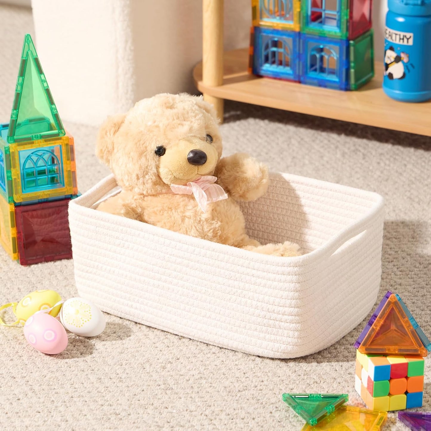 Small Storage Baskets for Organizing | Closet Organizer Bins | Shelf Toy Basket | Woven Rope Baskets | Cube Decorative Box | Shallow Basket | 13x8.5x5.1” | 4 Packs Off White