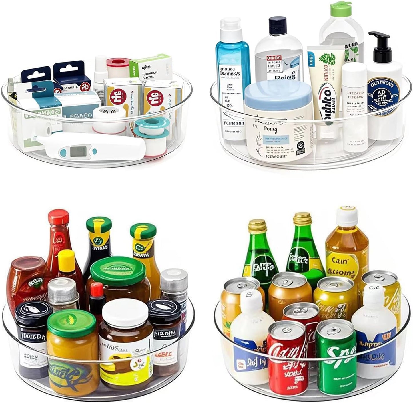 4 Pack Lazy Susan 11.5" Inch Turntable Organizer Organization Storage Container Bins Spice Rack Cabinet Rotating Condiment for Pantry Countertop Kitchen Vanity Bathroom Jewelry Holder Clear