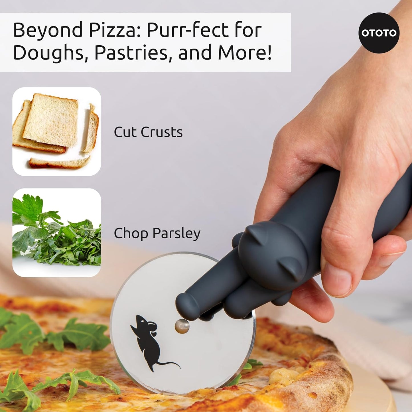 OTOTO Kitty Cut Pizza Cutter Wheel - Pizza Cutters Stainless Steel, Funny Kitchen Gadgets and Kitchen Gifts, Cat Gift for Women Cat Lovers