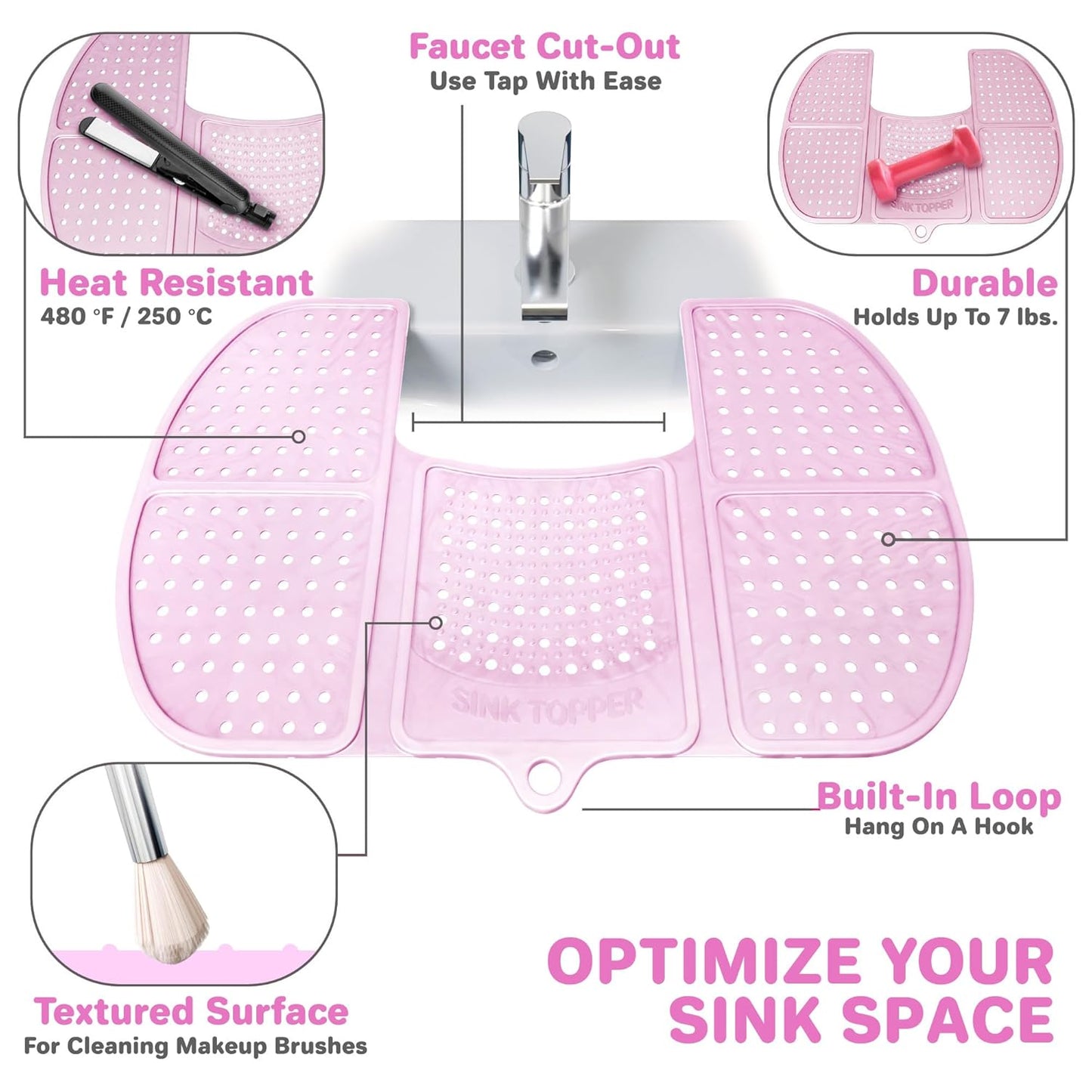 Sink Topper Bathroom Counter Cover & Storage Saver, Foldable Silicone Mat for Hot Tools, Hair Styling & Makeup, Beauty Brush Cleaning Mat, RV Camper Sink Cover & for Small Spaces (Large Pink)