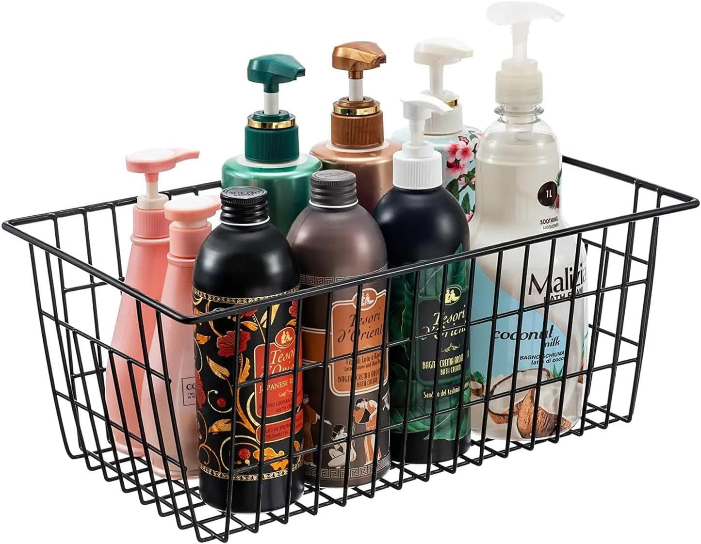 Redrubbit Wire Storage Baskets, Large Farmhouse Metal Freezer Basket Storage Organizer Bins with Handles for Kitchen Cabinets, Pantry, Closets, Bedrooms, Bathrooms, Set of 6, Black