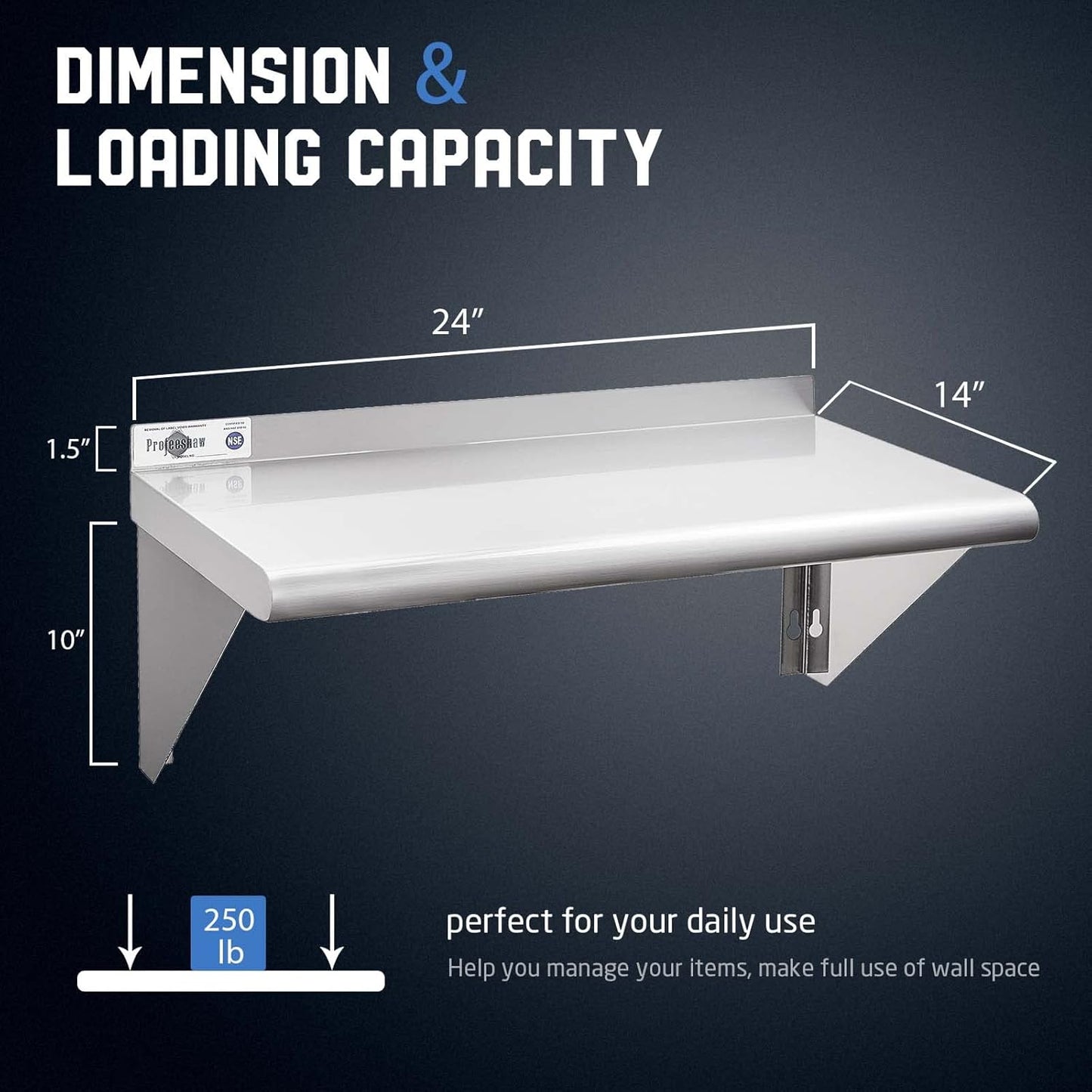 Profeeshaw NSF Stainless Steel Shelf 14” x 24”, 250 lb Commercial Shelves Wall Mounted Metal Shelving with Backsplash and 2 Brackets for Restaurant, Bar, Utility Room, Kitchen and Garage