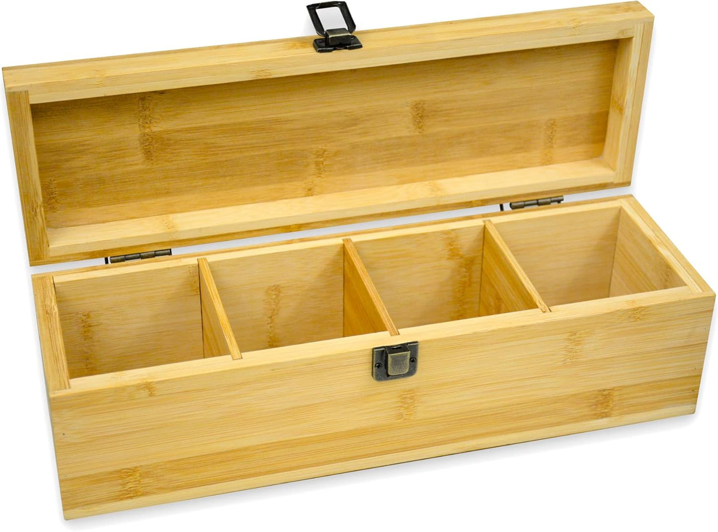 Bamboo Tea Organizer Box Chemical Free Eco-Friendly Big, Tall, Adjustable Cubbies Natural Wooden Storage Chest (4-Slot Across 14.3"x 4.4" x 4.2")
