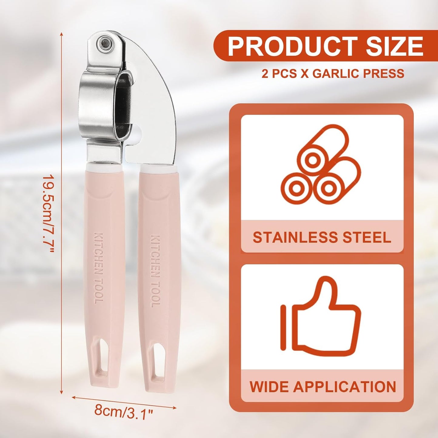uxcell 2pcs Garlic Press, 7.7 Inch Stainless Steel Garlic Crusher and Peeler Set for Home Cooks and Professional Chefs, Pink