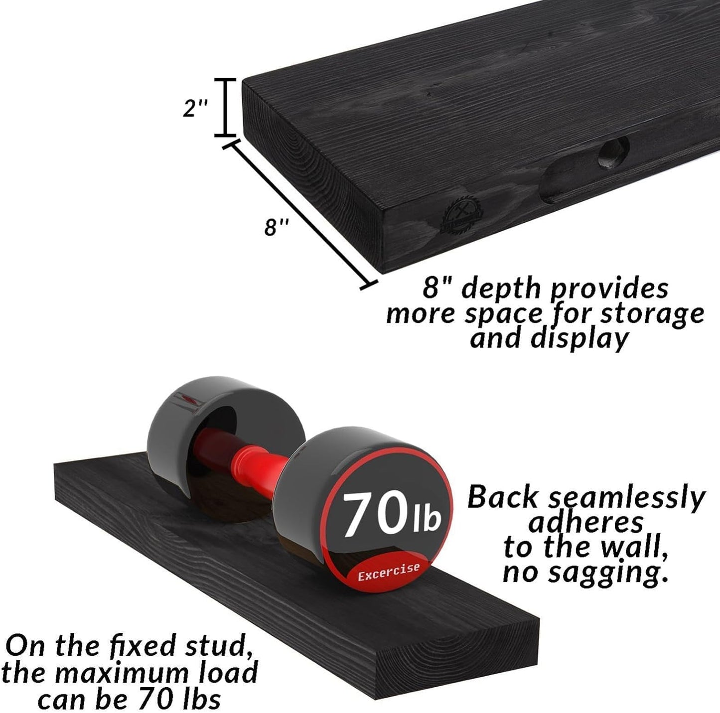 Rustic Floating Shelves 24 inch Long 8 inch deep Set of 2, Solid Wood Wall Shelves for Bedroom Living Room Kitchen,Book Shelf for Wall, Wall Mounted Shelves with Hidden Bracket- Black