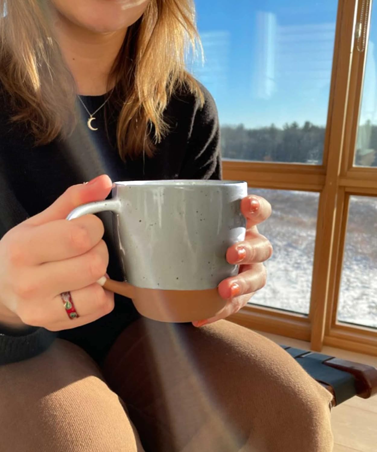 Mora Ceramic Large Latte Mug Set of 4, 16oz - Microwavable, Porcelain Coffee Cups With Big Handle - Modern, Boho, Unique Style For Any Kitchen. Microwave Safe Stoneware - Earl Grey