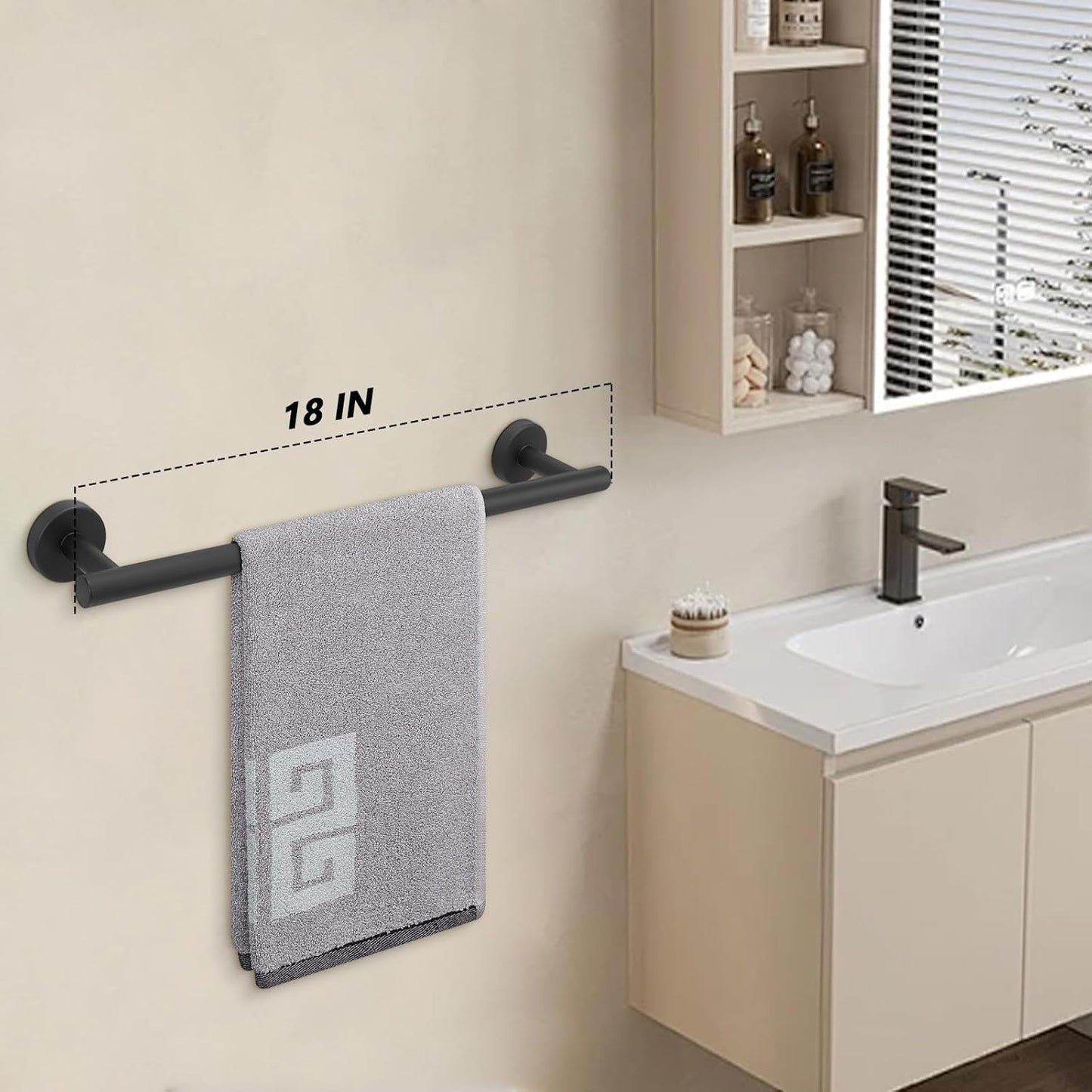 NearMoon Bath Towel Bar, Bath Accessories Thicken Stainless Steel Shower Towel Rack for Bathroom, Towel Holder Wall Mounted (1 Pack, Matte Black, 18 Inch)