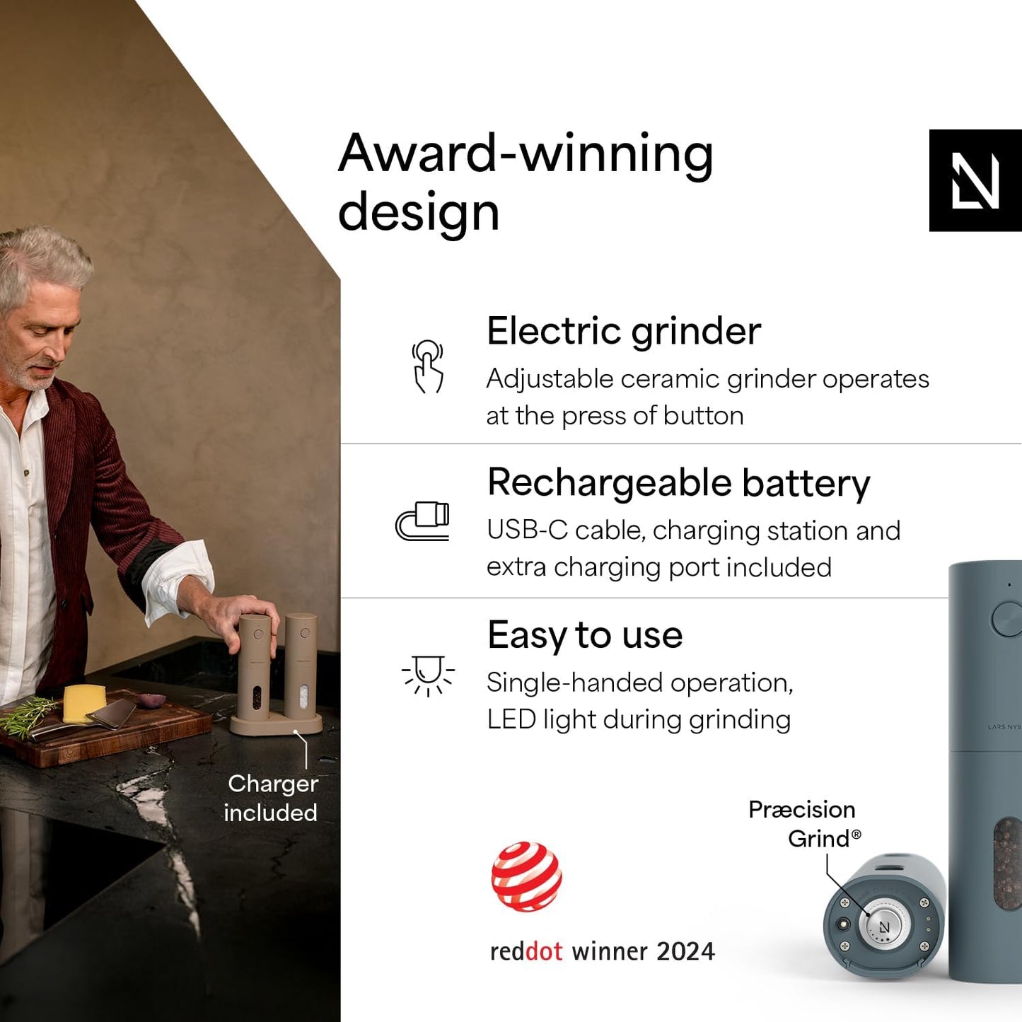 LARS NYSØM Electric Salt and Pepper Grinder Set, USB Rechargeable, Automatic Salt and Pepper Mills, Spice Shakers Refillable with LED Light, Adjustable Coarseness, Ceramic Grinder (Stone Blue)