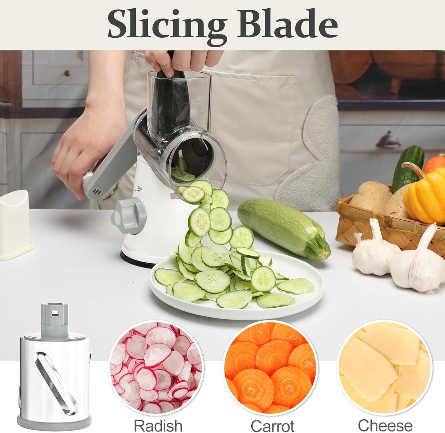 Cambom 5 in 1 Rotary Cheese Grater Hand Crank Cheese Shredder for Fresh Cheese, Vegetable, Nuts,Non-slip Suction Base, Five Blades, White