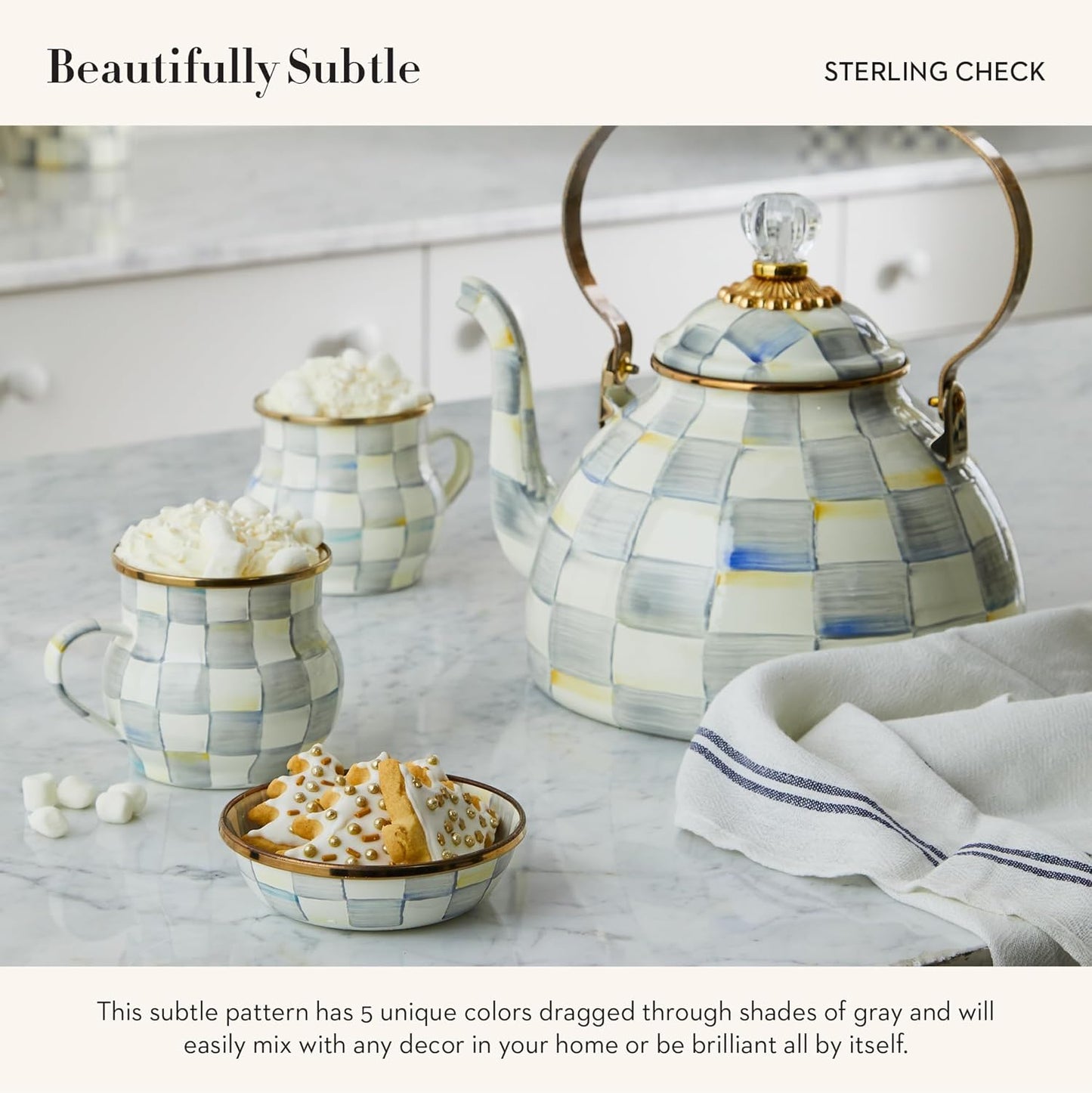 MACKENZIE-CHILDS Enamel Dipping Bowl, Small Serving Bowl for Entertaining, Gray-and-White Sterling Check