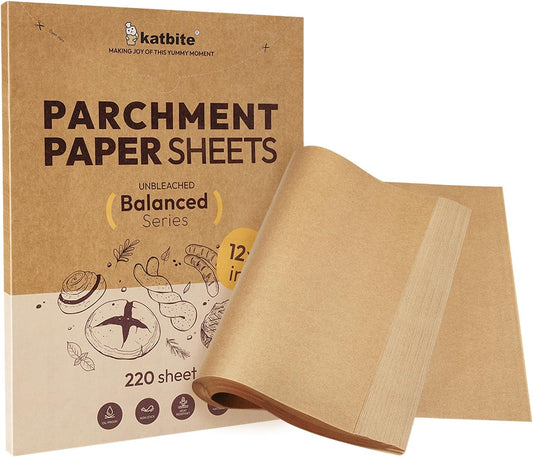 Katbite 220 Pcs Parchment Paper Sheets, 12x16 Inches Unbleached Baking Paper Non-Stick for Gently Baking, Pre-cut Parchment Paper Suitable for Baking, Cooking,Air Fryer [Balanced Series]
