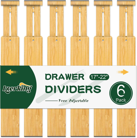 Lzerking Kitchen Drawer Dividers 6 Pack, 17-22" Adjustable Bamboo Drawer Organizers Large, Spring Loaded, Expandable Utensil Organizer, Works in Kitchen, Dresser, Closet, Bathroom, Bedroom