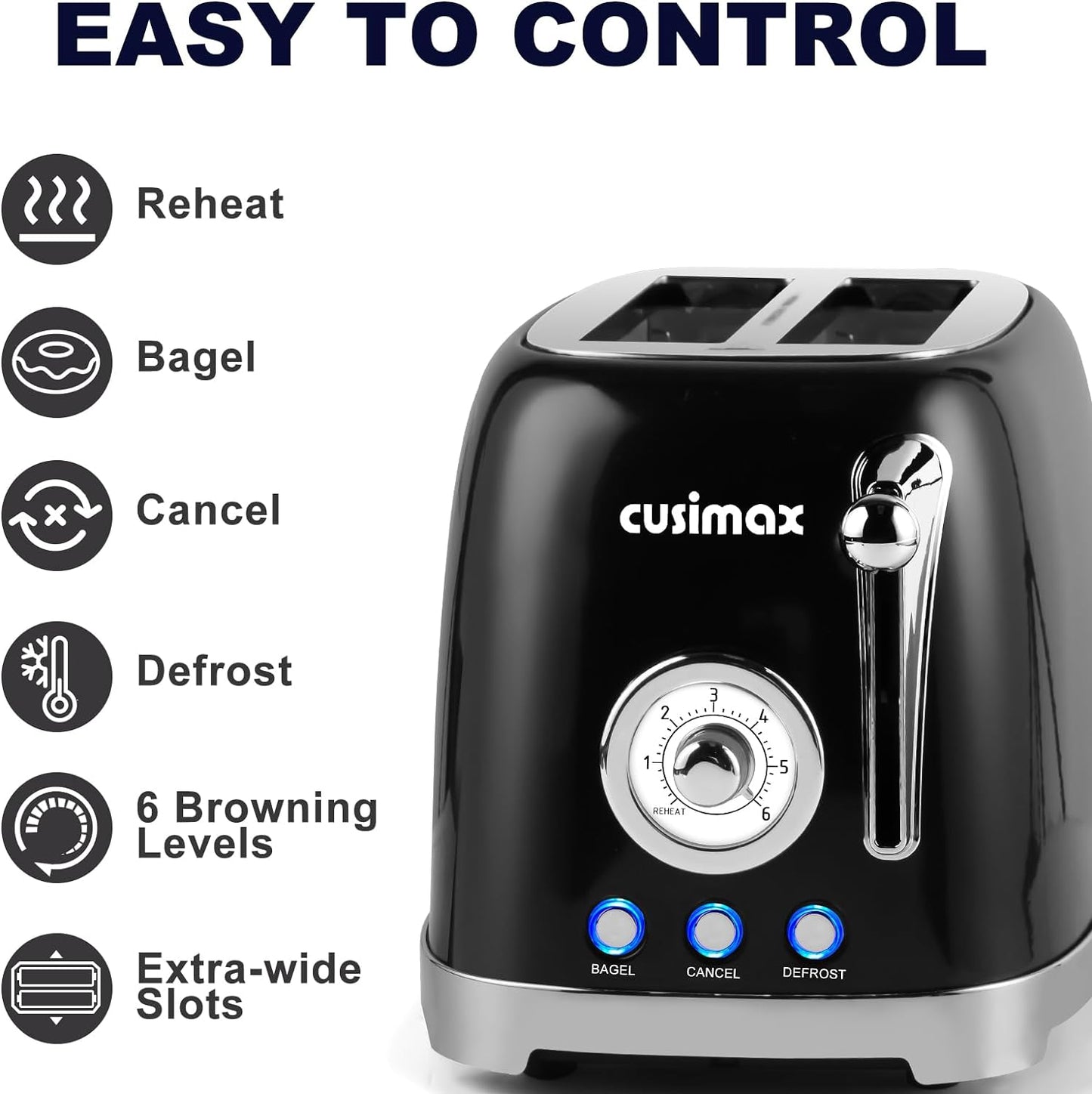 CUSIMAX Toaster 2 Slice with Extra Wide Slots for Bagels, Stainless Steel Toaster with 6 Toast Settings and 4 Functions, Bagel, Cancel, Defrost & Reheat, Removable Crumb Tray, Retro Toaster Black